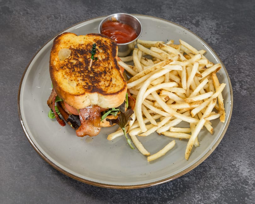 Grilled sandwich with bacon, lettuce, tomato, and a side of french fries with ketchup.