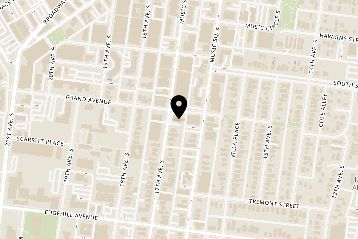 Map showing the location of Music Row Bar & Grill on 1000 17th Ave S in Nashville